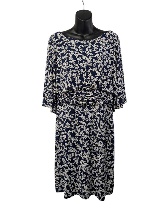 jmh Dresses & Skirts - JMH Size 14 Navy White Leaf Print Midi Dress Flutter Sleeve Stretch Half Sleeve